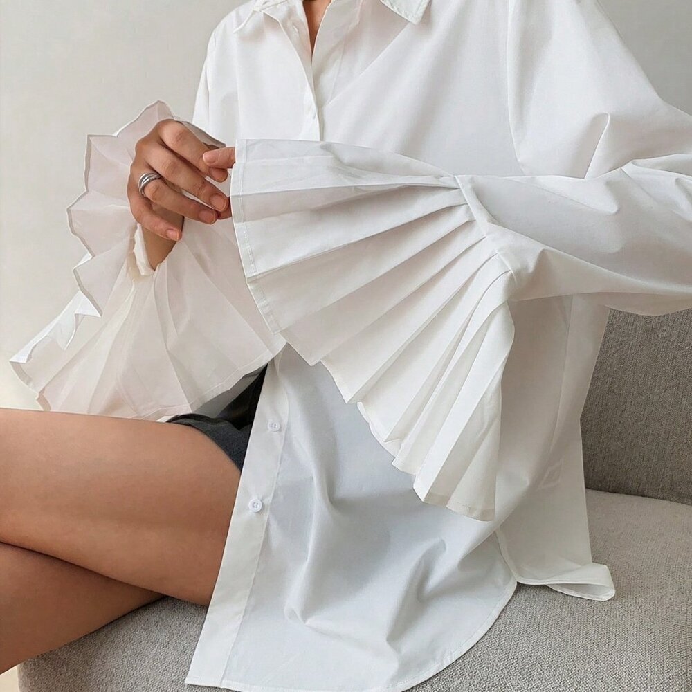 White Casual Women's Korean Shirt With Ruffled Cuffs